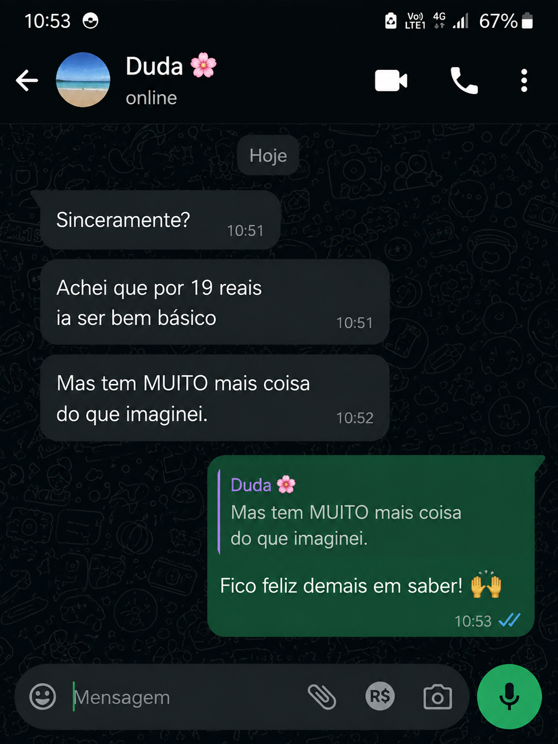 Print de conversa de aluna no WhatsApp comentando o conteúdo entregue pelo preço