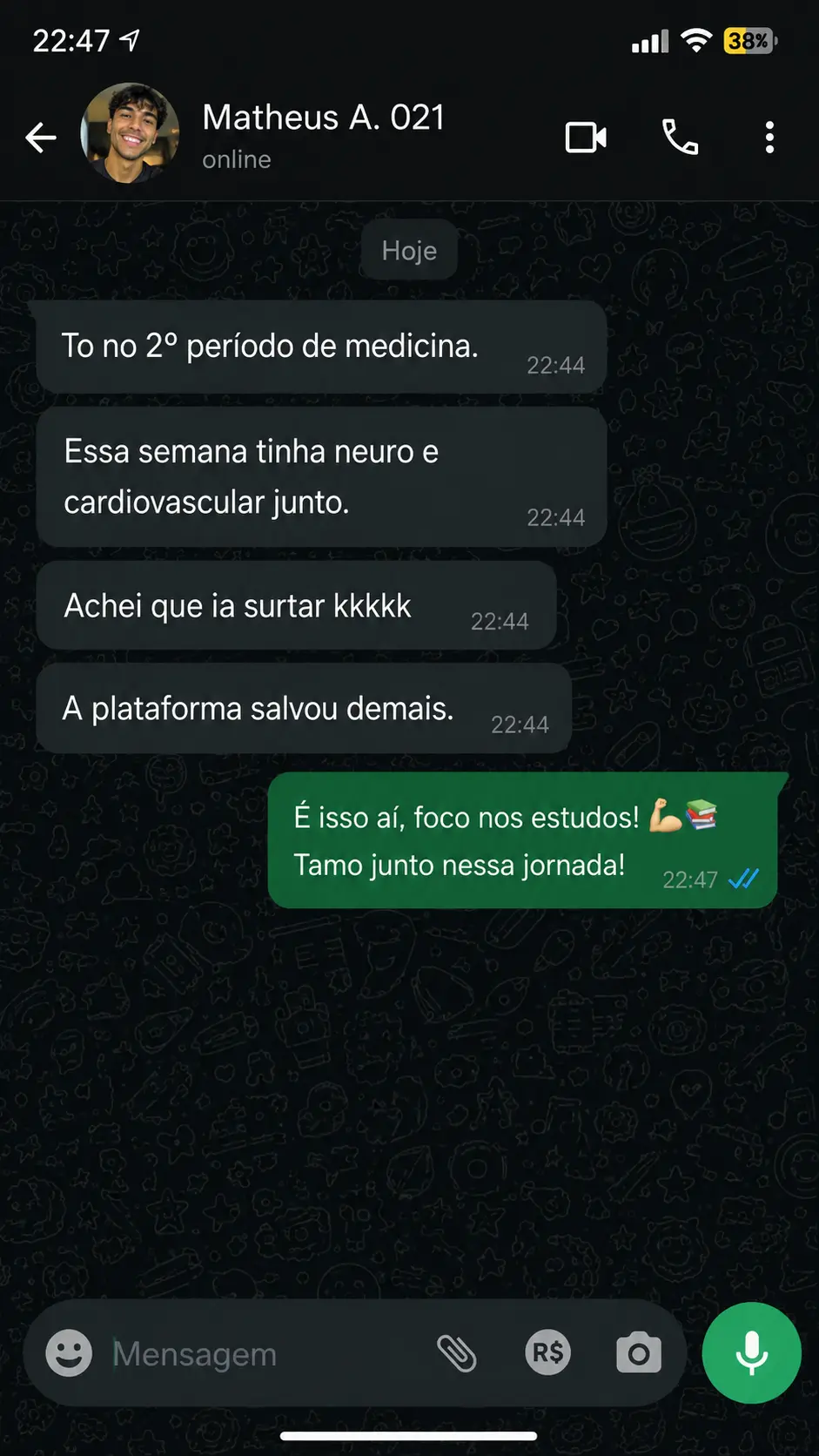Print de conversa de aluno no WhatsApp sobre estudar neuro e cardiovascular na mesma semana