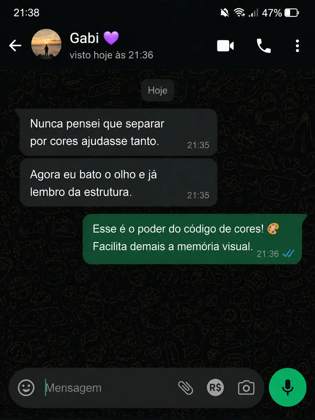 Print de conversa de aluna no WhatsApp sobre o código de cores facilitar a memória visual