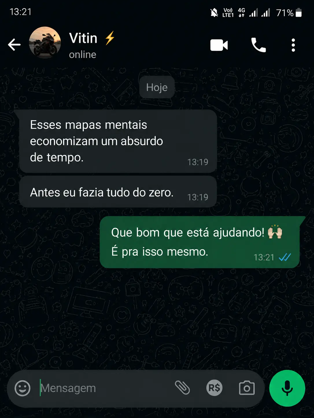 Print de conversa de aluno no WhatsApp sobre economia de tempo com os mapas mentais