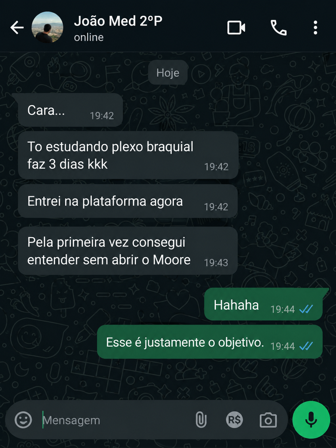 Print de conversa de aluno no WhatsApp sobre entender o plexo braquial pela plataforma
