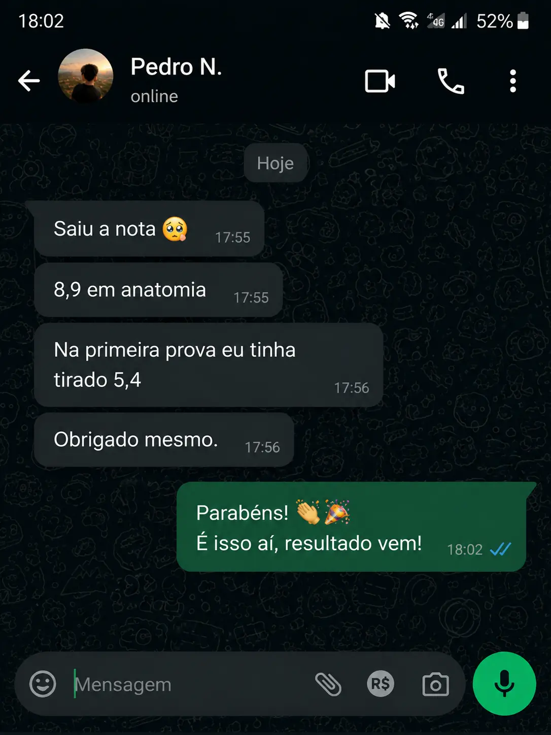 Print de conversa de aluno no WhatsApp mostrando nota 8,9 em anatomia